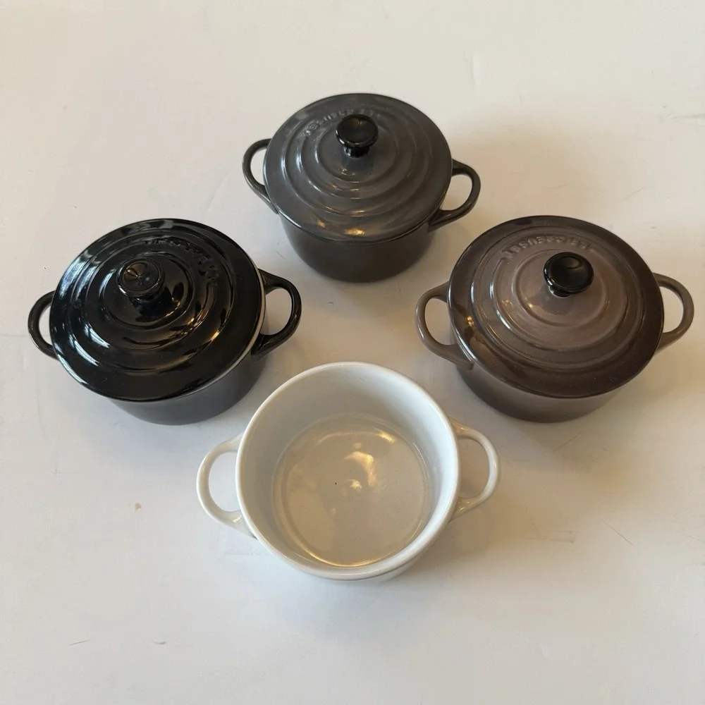 Le Creuset Mini Round Cocotte Set/3 Flint Grey, Fig, Black With Lids Plus Bonus